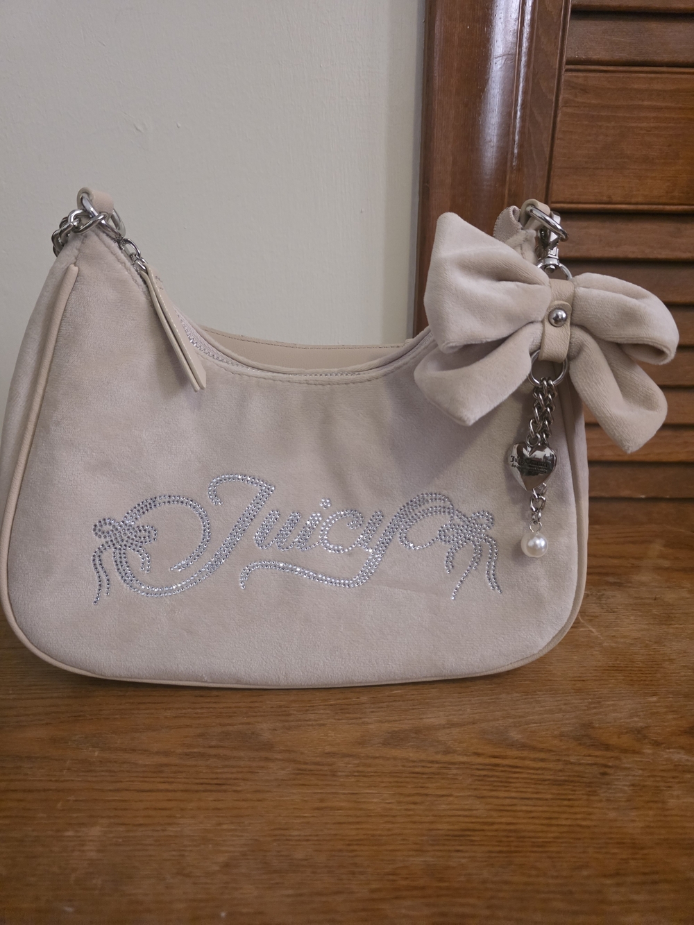Juicy Couture Neutral Suede Shoulder Bag with Bow Charm